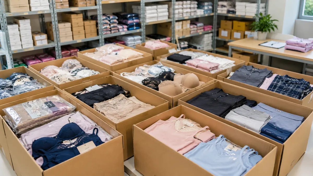 Scatoloni di stock di intimo pronti per la valutazione e la vendita