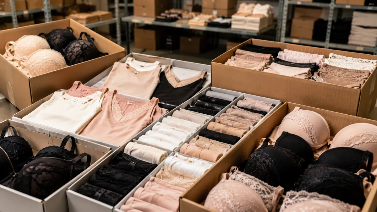 Lotti e stock di intimo donna stoccati in scatole per inventario